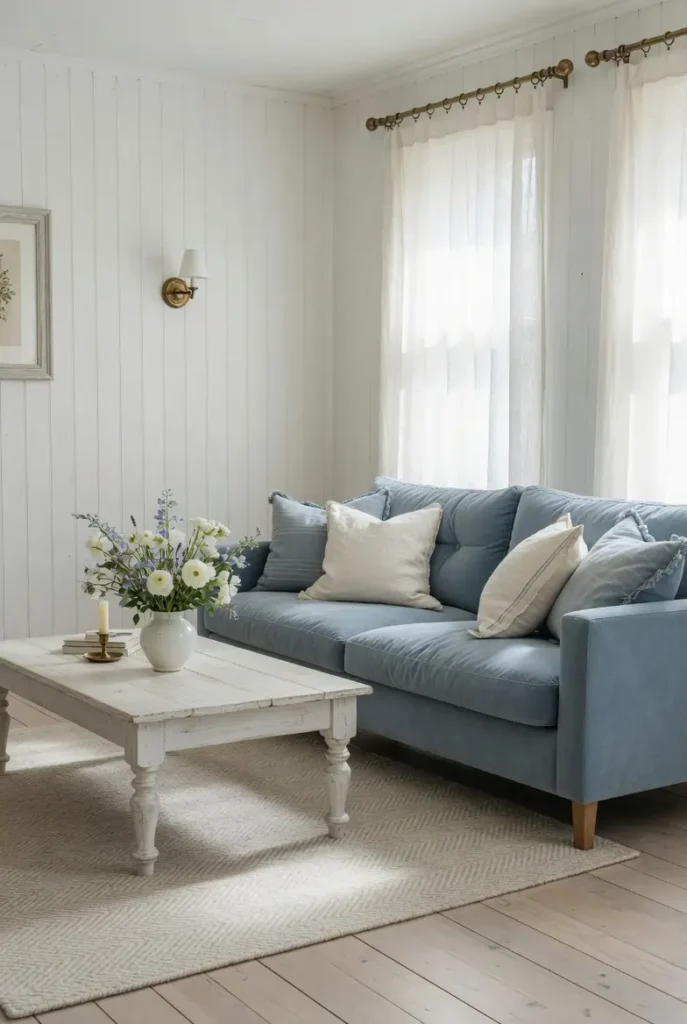 Airy farmhouse living room with white beadboard walls, dusty blue velvet sofa, and aged brass accents