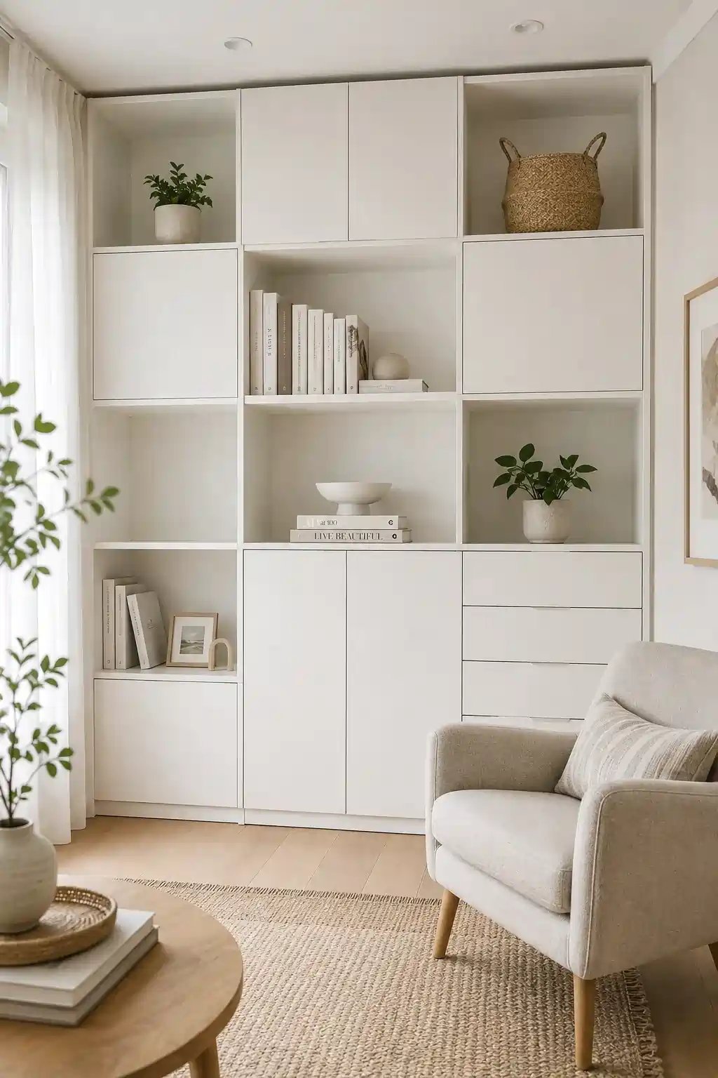 White modular living room wall unit with open cubbies, closed cabinets, and drawer units styled with plants and baskets