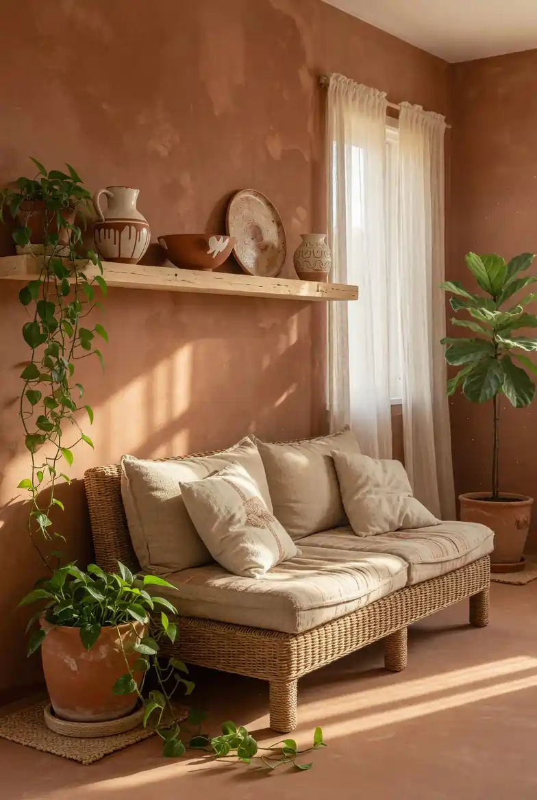 Terracotta brown limewash walls in a Mediterranean living room with rattan sofa, sandy linen, and trailing plants