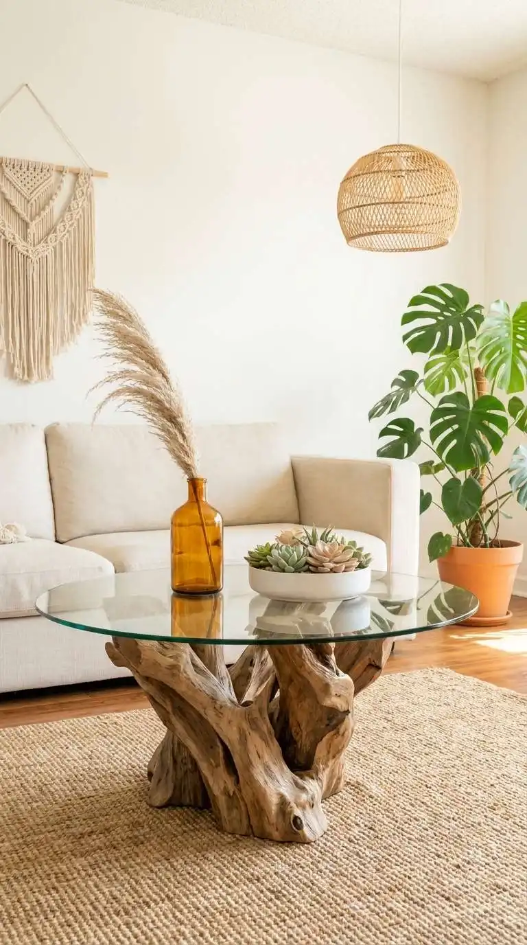 dried pampas grass in amber vase and succulent dish on round glass coffee table with driftwood base in boho living room