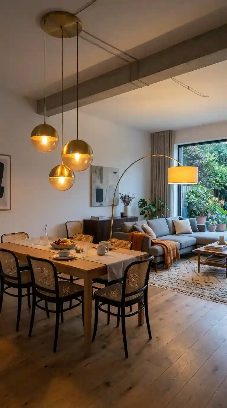 Charcoal velvet sofa back facing dining zone with round white marble coffee table in front and oak dining set visible behind in open-plan room