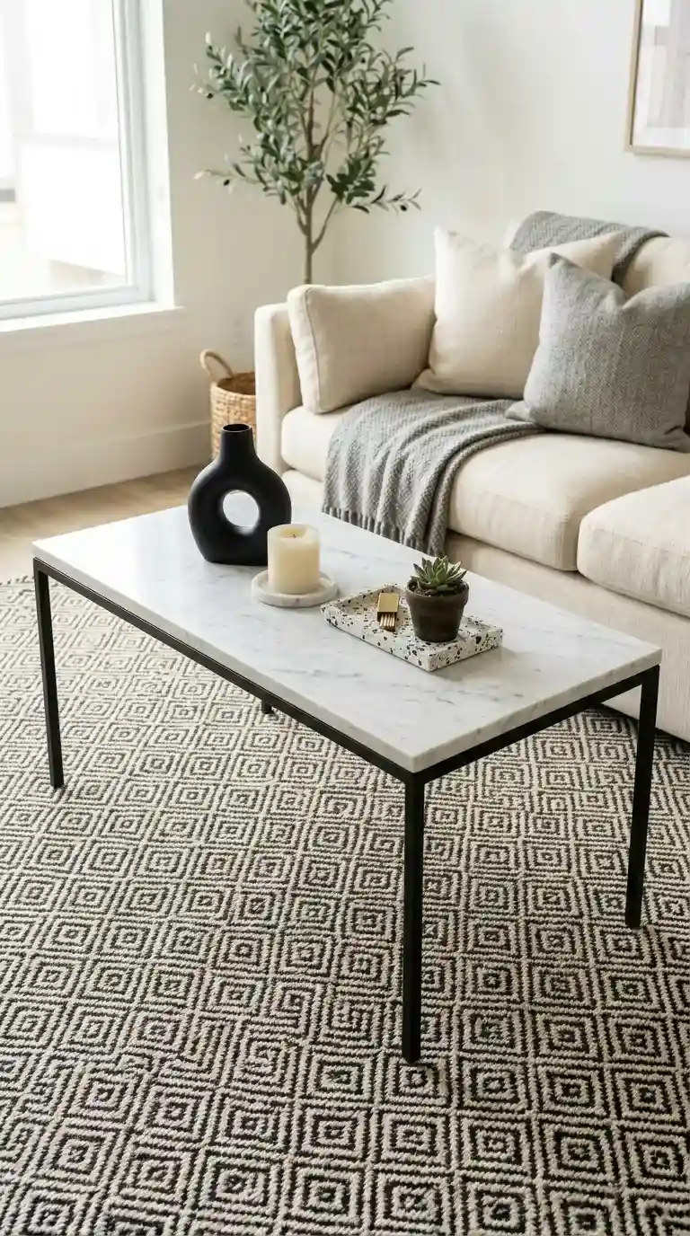 White marble top coffee table with slender black iron legs styled with a ceramic object and terrazzo tray in a neutral living room