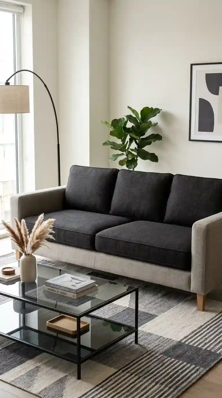 Two-tone stone grey and charcoal living room sofa design with smoked glass coffee table and geometric rug