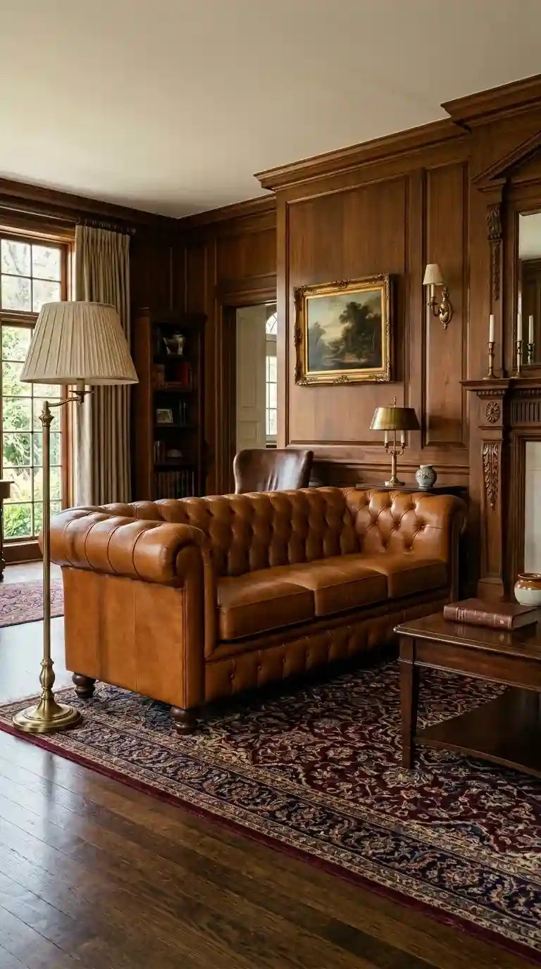 Cognac tan leather Chesterfield sofa with deep button tufting rolled arms dark walnut bun feet and Persian rug in classic living room