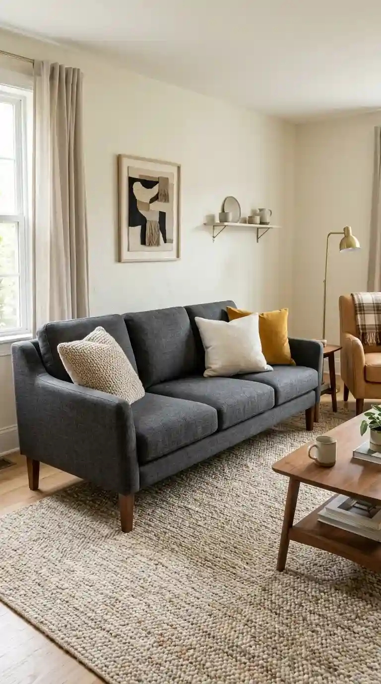Dark grey sofa with soft woven fabric walnut wood legs oatmeal white and mustard cushions against cream wall in warm living room