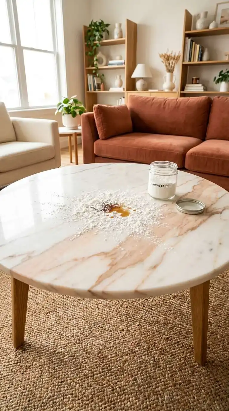Cornstarch powder sprinkled over an oil stain on a polished white marble coffee table to absorb the grease