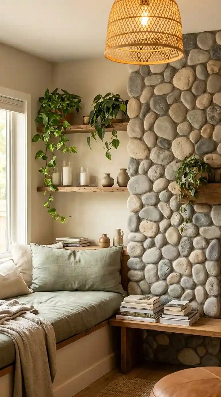 River rock stone accent wall in a cozy living room reading nook with sage green cushions and plants