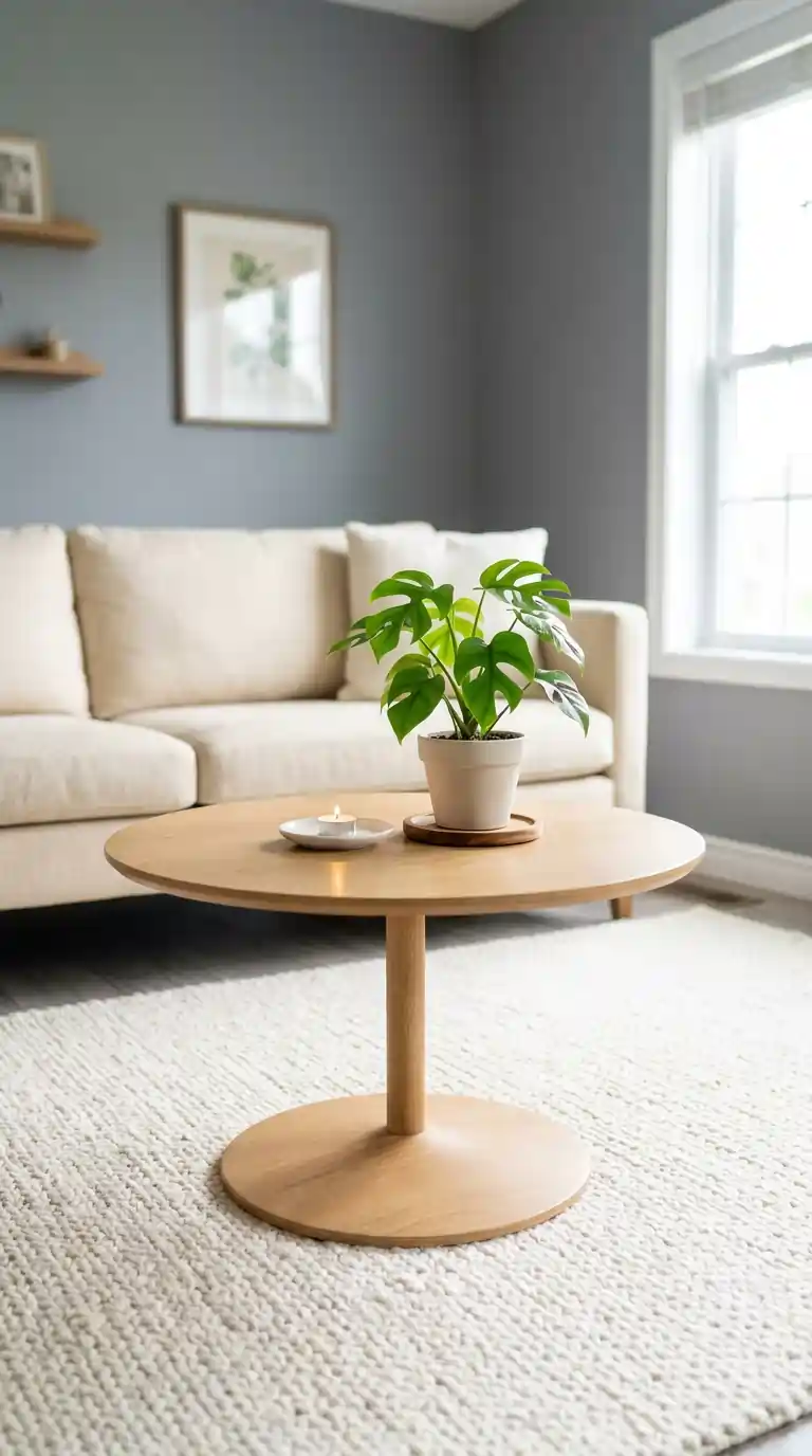Mini monstera plant on wooden disc on center table living room with gray walls background