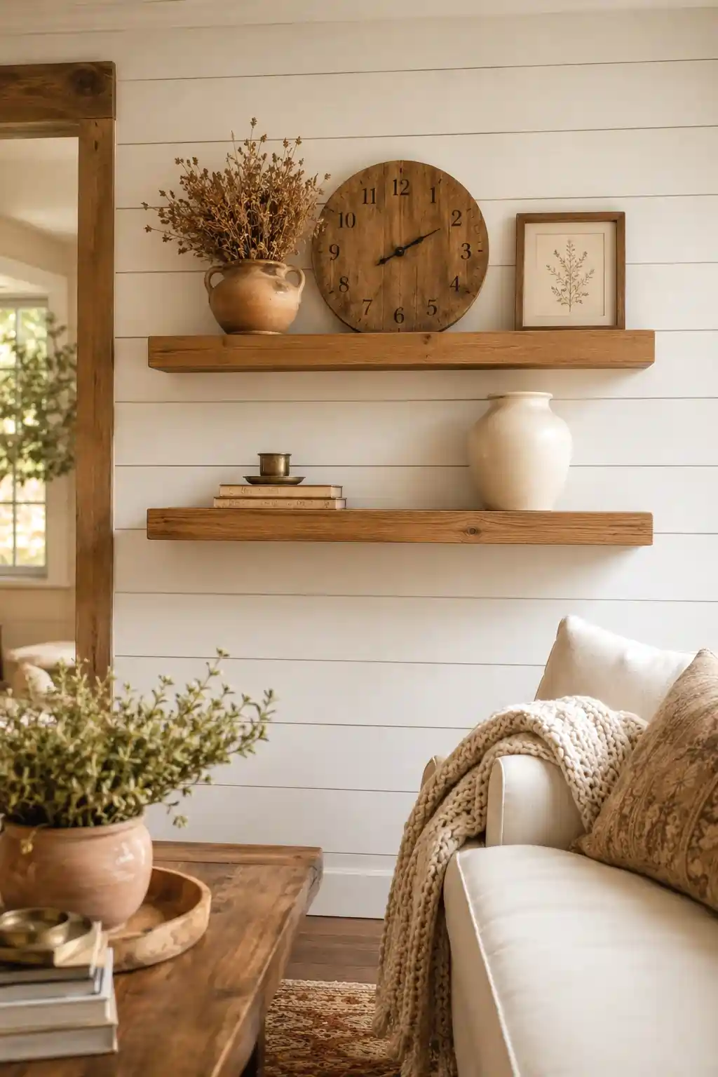 Farmhouse living room shiplap accent wall with honey wood floating shelves styled with dried botanicals and ceramic vases
