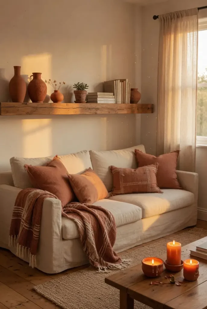 Neutral farmhouse living room with creamy walls, terracotta ceramic vases, rust-toned throw pillows, and jute rug
