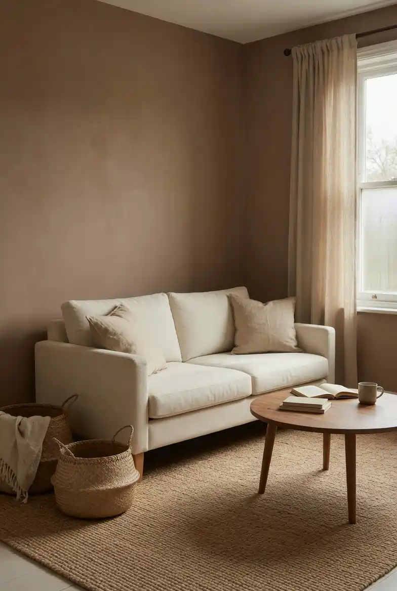 Soft mushroom brown living room walls with cream upholstered sofa, natural linen curtains, and woven jute rug