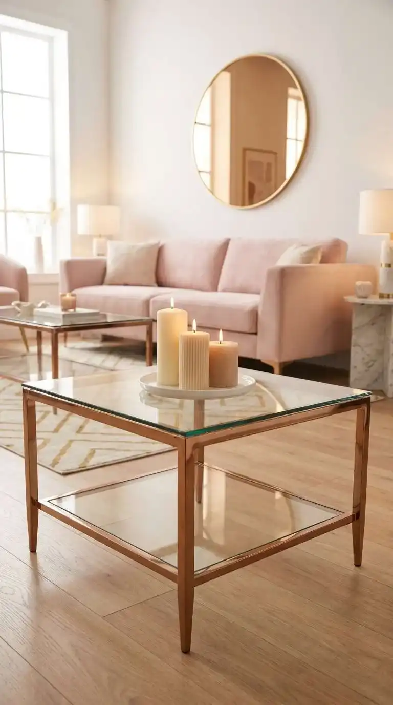single oversized terracotta ceramic bowl as centerpiece on long glass coffee table with travertine stone block legs
