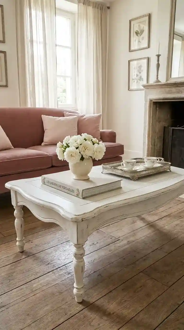 Whitewashed chalk-painted French vintage coffee table with white roses, silver tray, and porcelain cups in a romantic living room