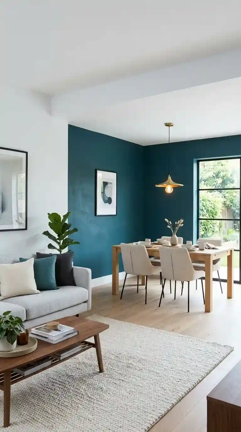 Deep teal accent wall behind white oak dining table and linen chairs zoning a living room with dining table against neutral white living area