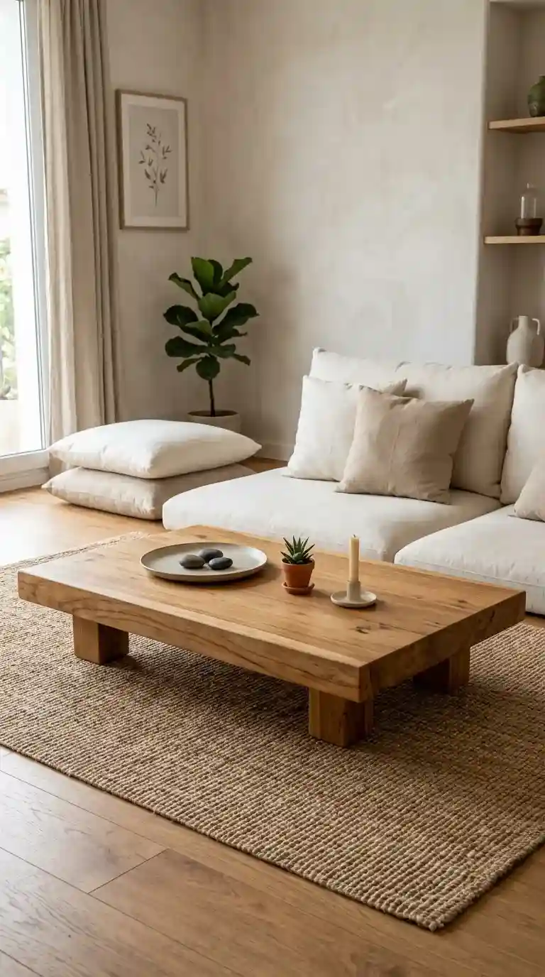 Very low profile solid teak wood coffee table with short block legs styled with stones and a succulent in a Japandi living room