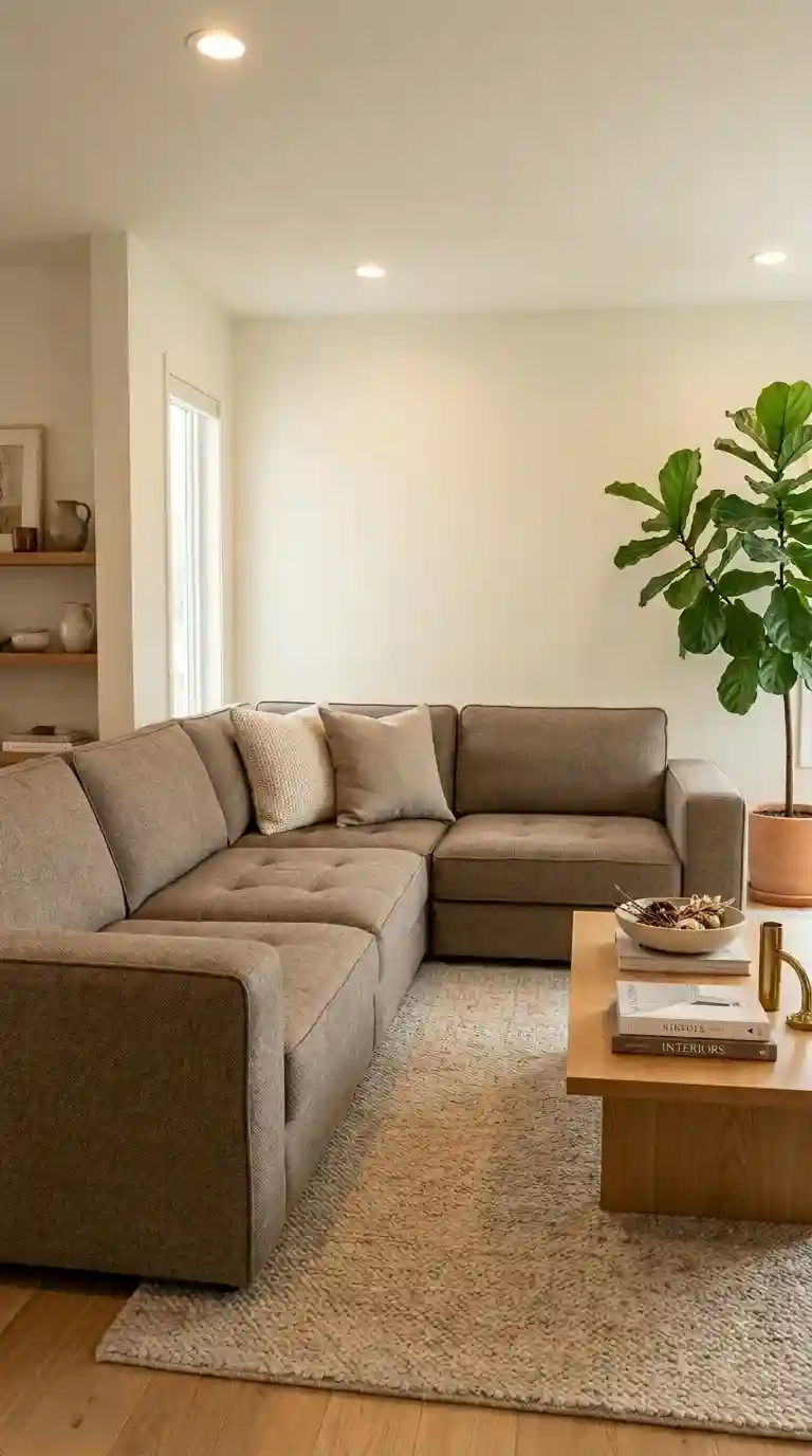 Modular L-shaped taupe sofa in an open-plan living room with low coffee table and warm recessed lighting