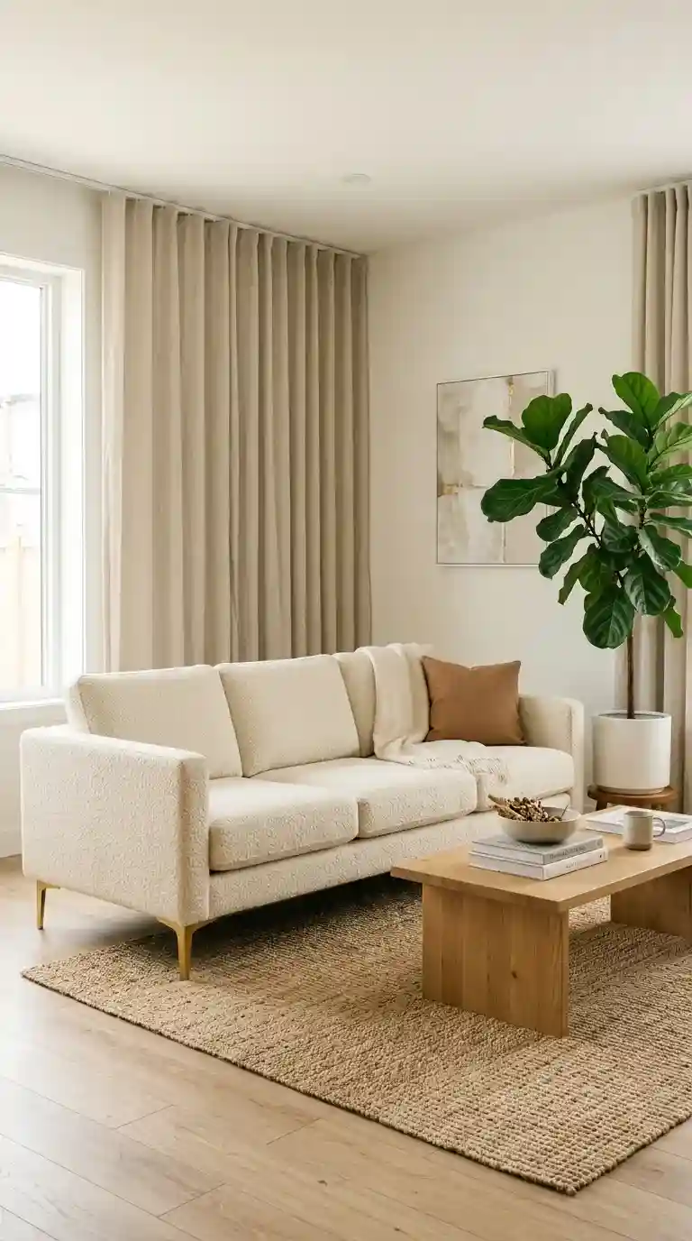Cream bouclé luxury sofa living room with looped texture gold tapered legs jute rug fiddle leaf fig plant and natural wood coffee table