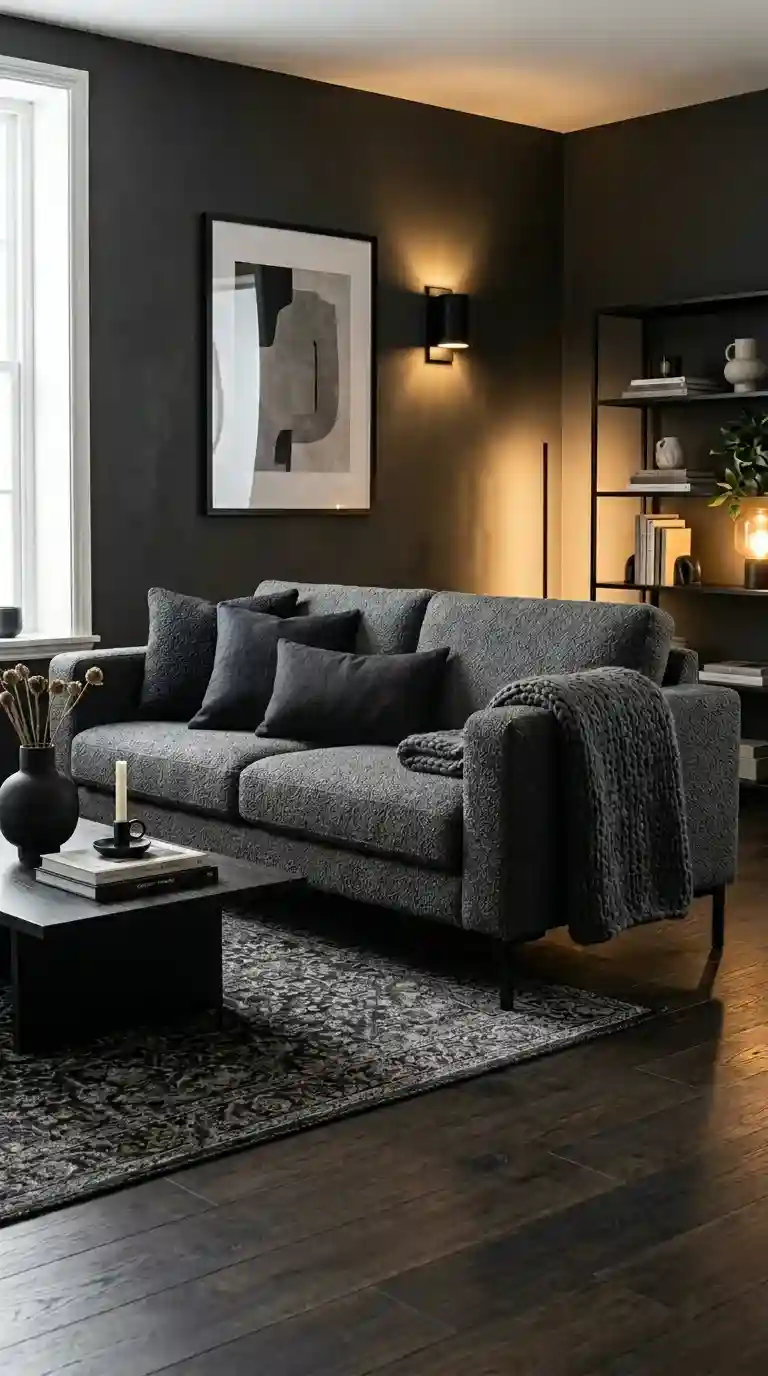 Dark grey bouclé sofa with square arms matte black legs charcoal cushions chunky knit throw against dark charcoal tonal wall