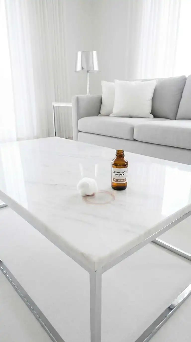 Cotton ball with hydrogen peroxide pressed onto a wine stain on pale white Carrara marble coffee table surface
