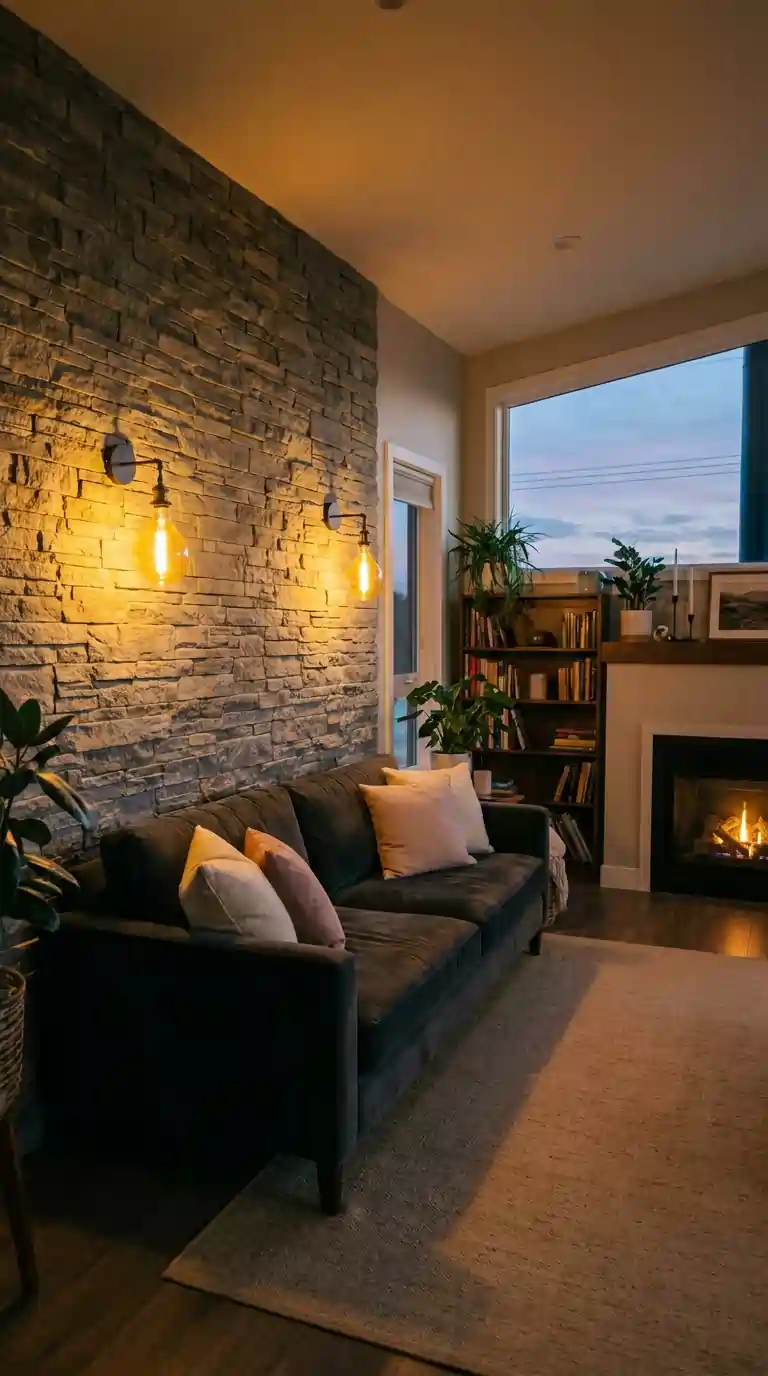Gray stone wall living room with Edison bulb sconces, charcoal velvet sofa, and warm amber lighting