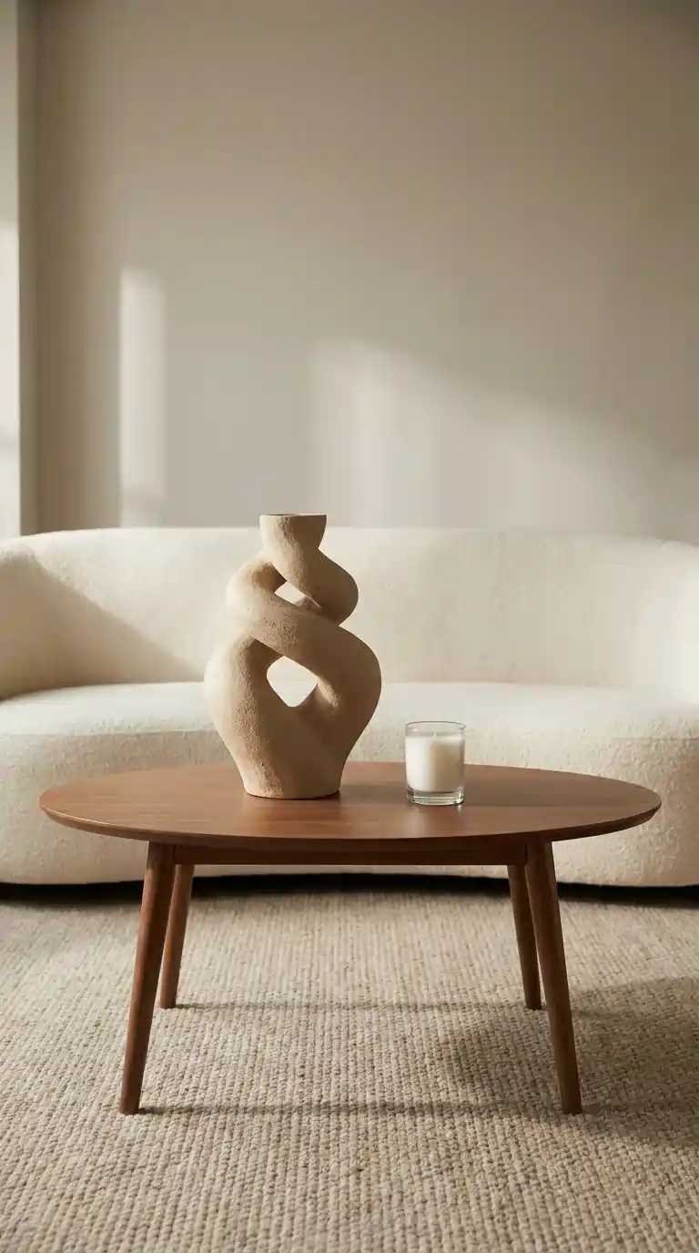 Abstract twisted stoneware sculpture off-center on marble coffee table beside white candle