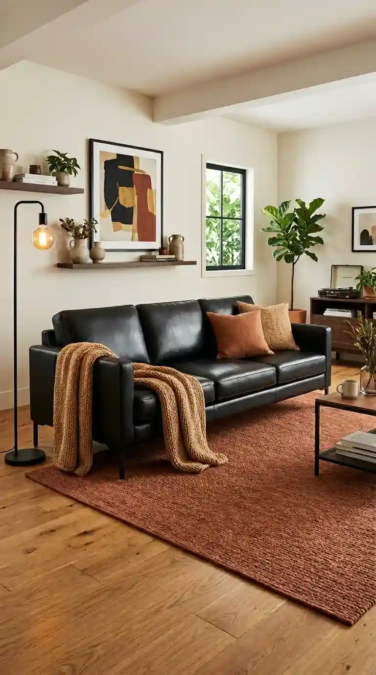 Sleek glossy black leather sofa with low flat profile matte black legs camel throw and rust rug in bold sophisticated living room