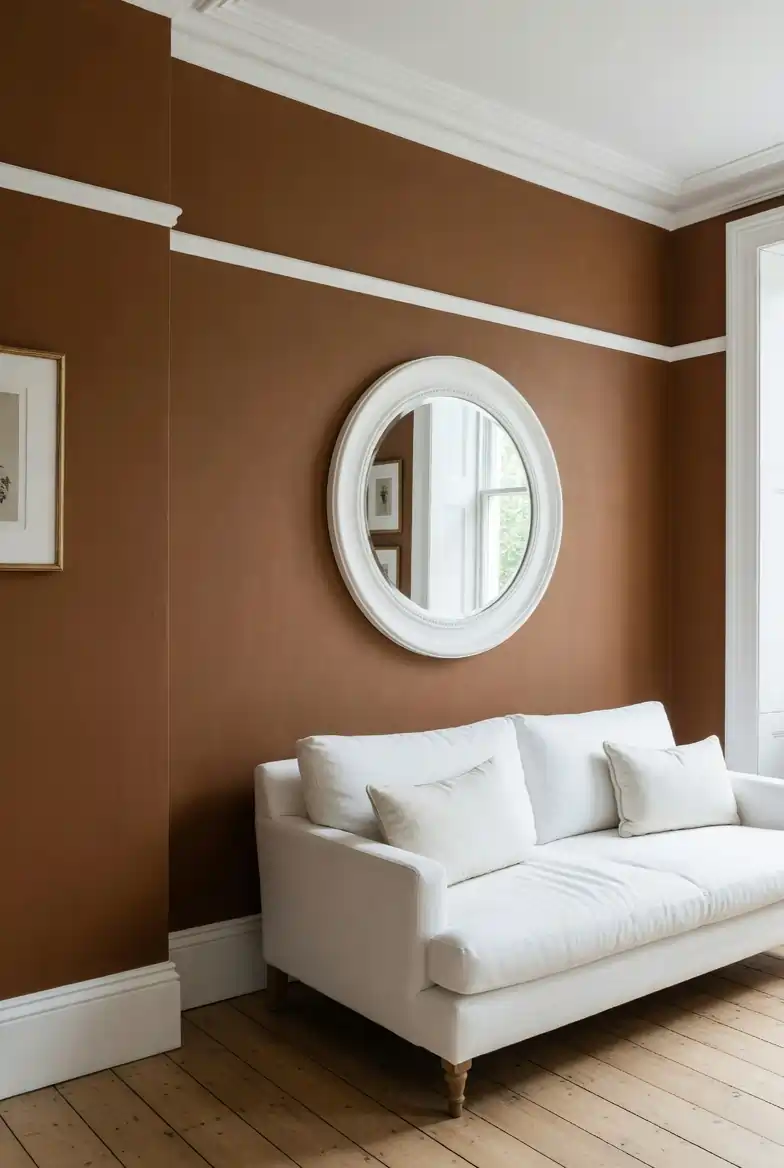 Rich warm brown living room walls with crisp white crown molding, picture rail, and white linen sofa beneath a round mirror