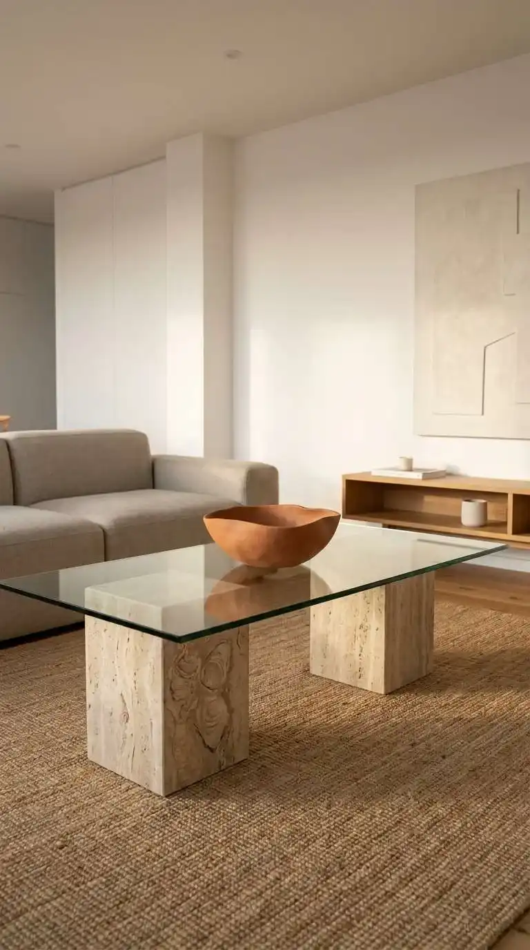 Single oversized terracotta ceramic bowl as centerpiece on long glass coffee table with travertine stone block legs
