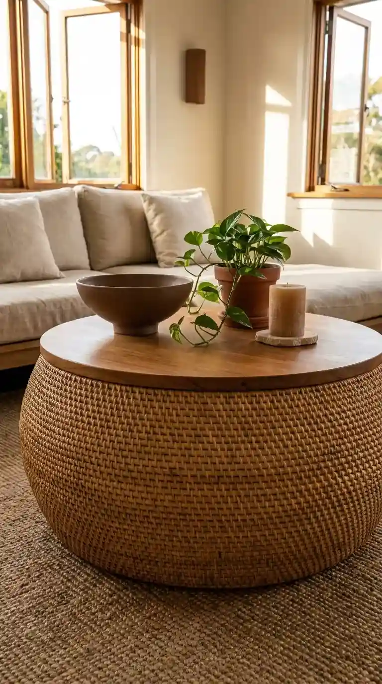 Natural rattan woven base coffee table with ceramic bowl and trailing plant on top in a warm earthy biophilic living room