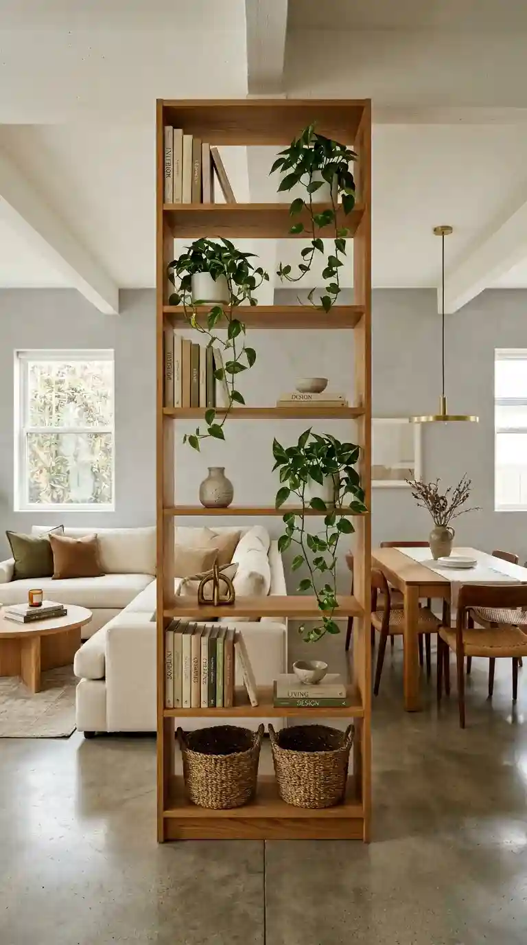 Tall open wooden bookshelf styled with books plants and baskets acting as a partial room divider between living and dining zones