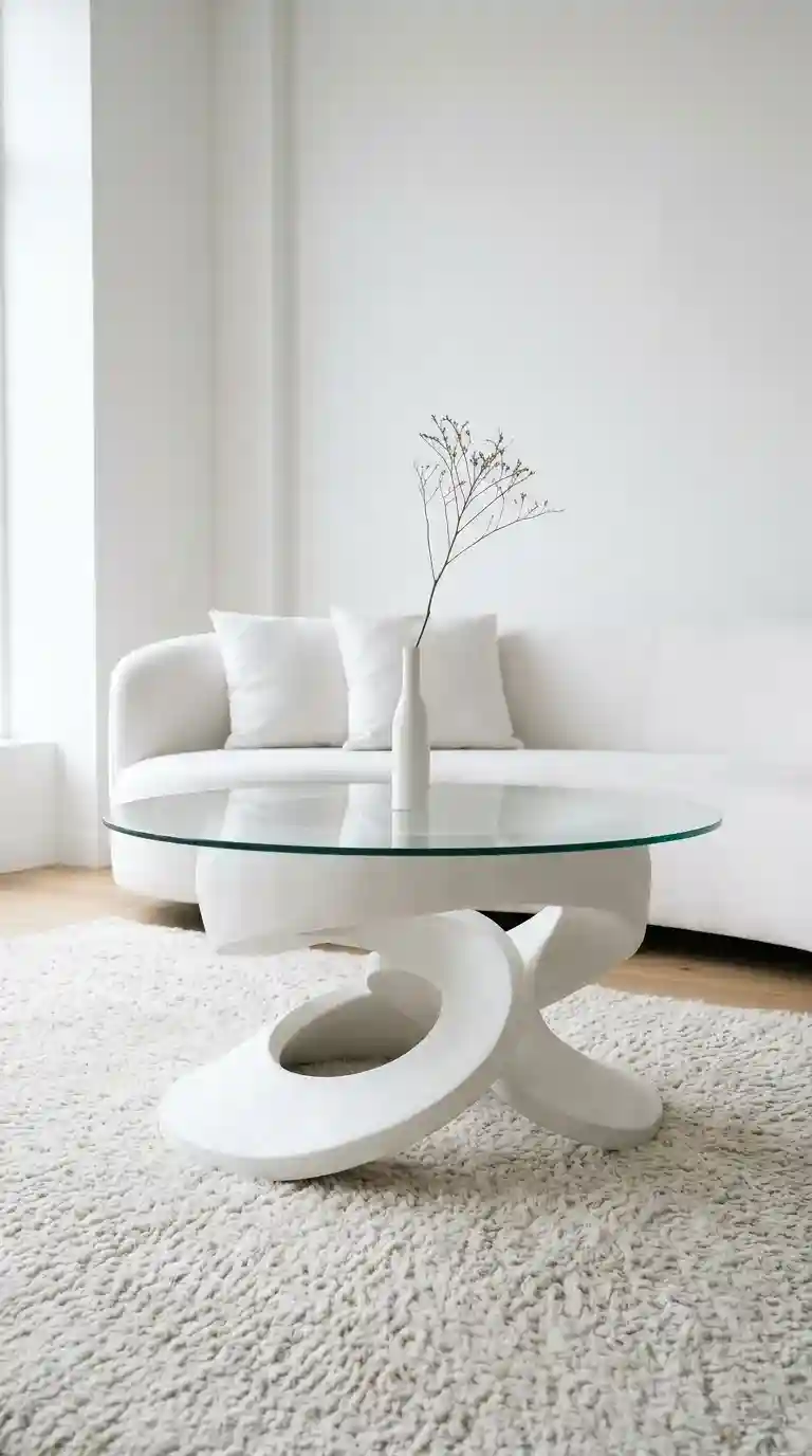 Abstract sculptural white plaster coffee table with glass top and a single tall ceramic vase in a minimal all-white living room