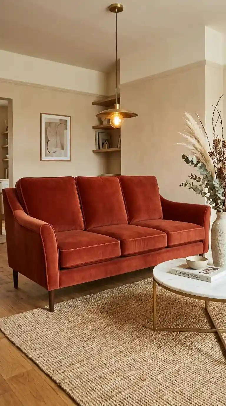 Deep terracotta velvet sofa in a warm living room with round white marble coffee table and natural accents