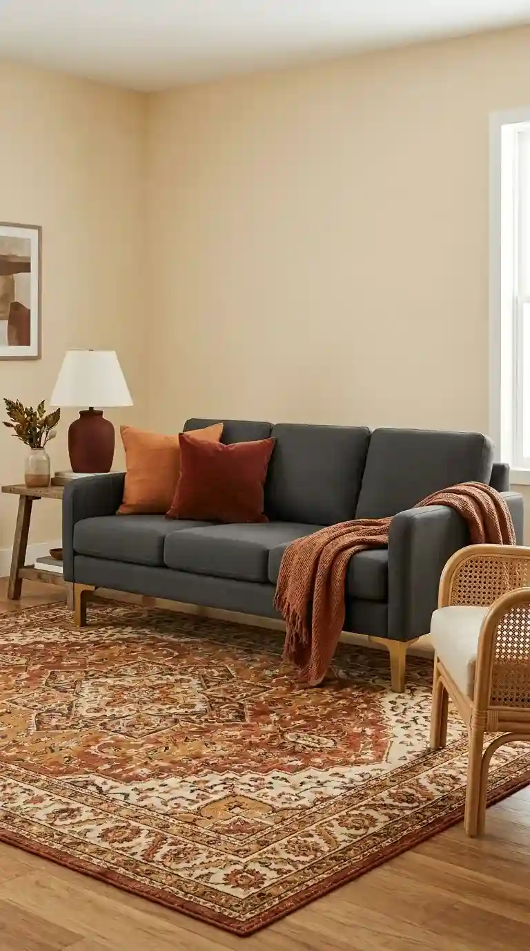 Dark grey sofa living room with flat fabric brushed brass legs burnt orange rust cushions and rust woven throw on warm sand wall