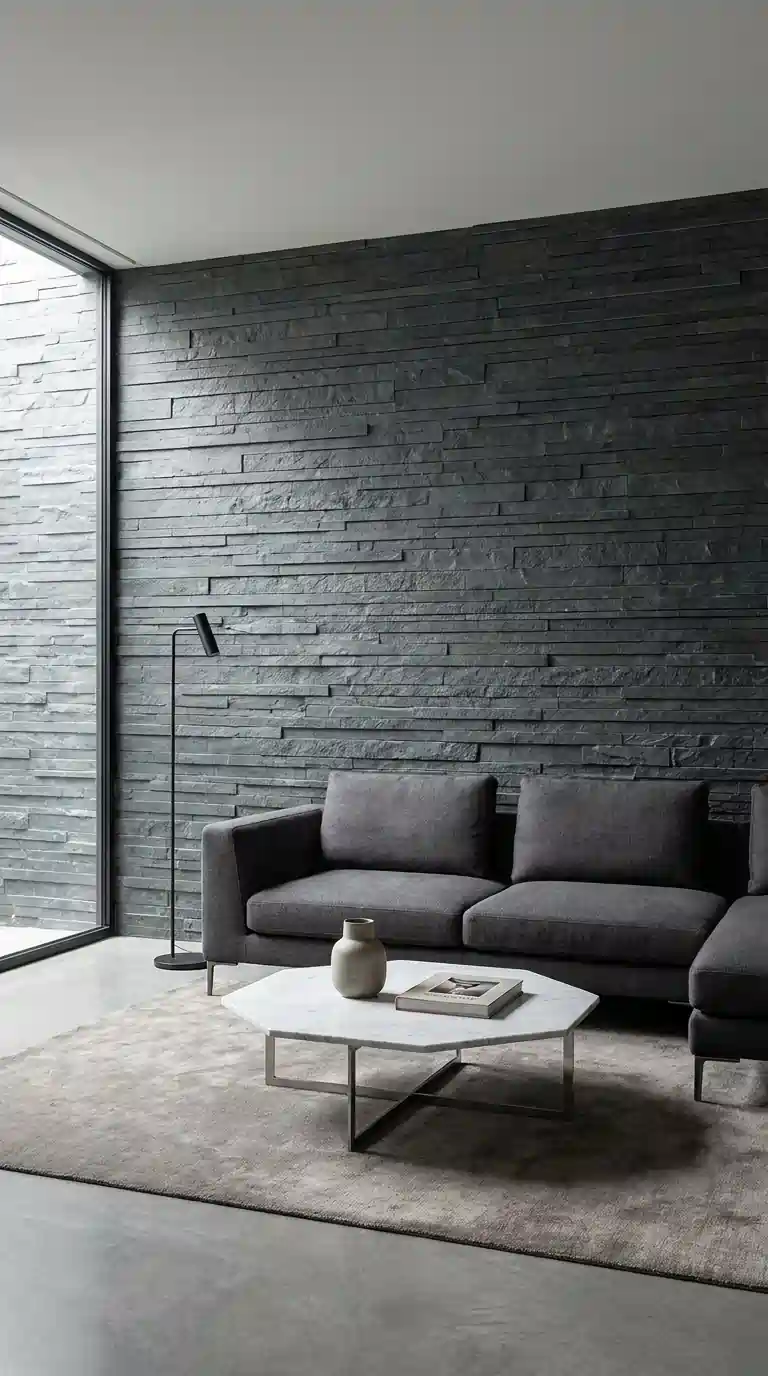 Modern living room with thin ledge stone panel wall in slate gray and low-profile graphite sofa