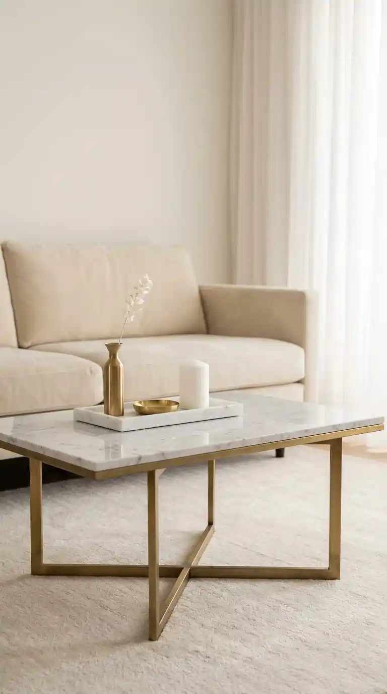White marble tray with brass bud vase gold dish and white pillar candle on coffee table
