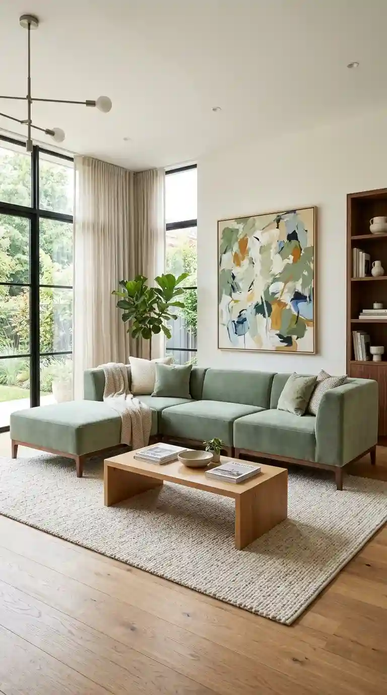 Sage green velvet L-shaped modular sectional sofa with walnut legs and oak coffee table in spacious contemporary living room