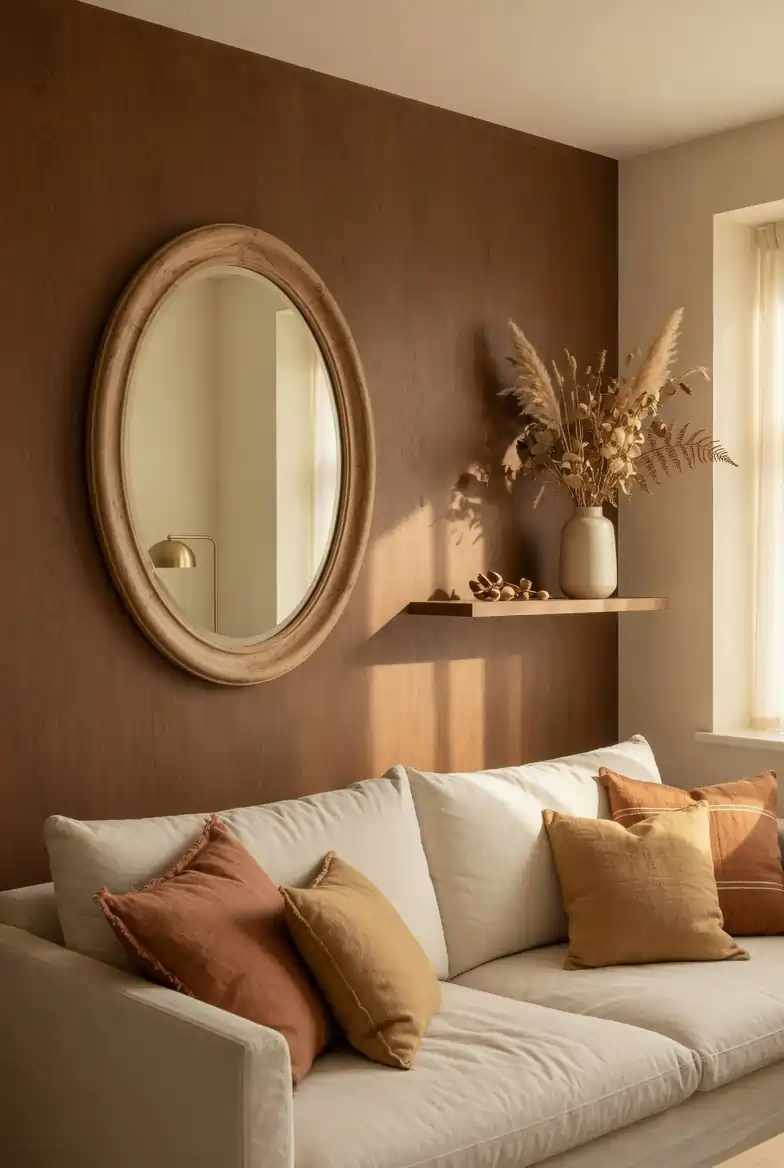 Walnut brown feature wall behind a cream linen sofa with large oval wood mirror and dried botanicals on a shelf
