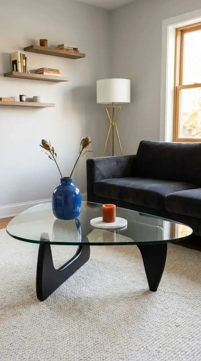 Cobalt blue vase and rust candle on freeform shaped glass table with black steel legs in contemporary neutral living room