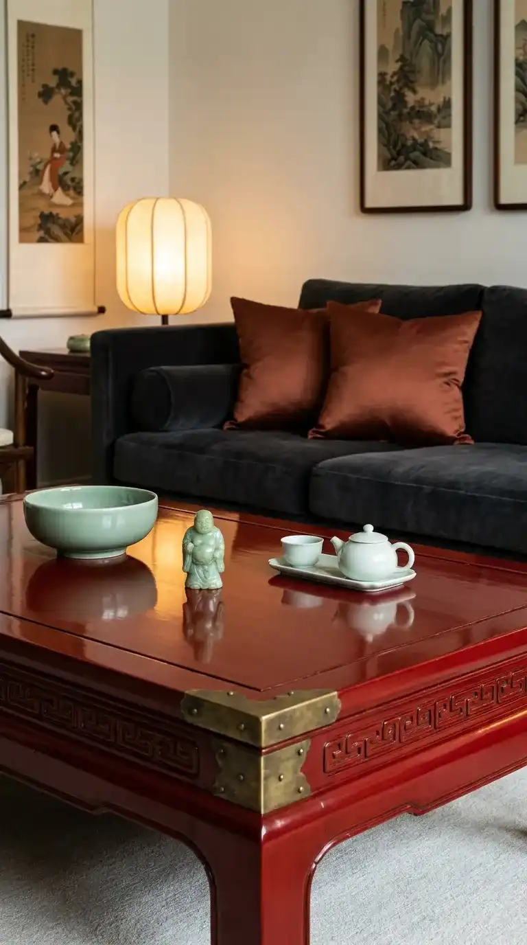 Glossy deep red lacquered Chinese tea table design for living room with celadon bowl, jade figurine, and porcelain tea set