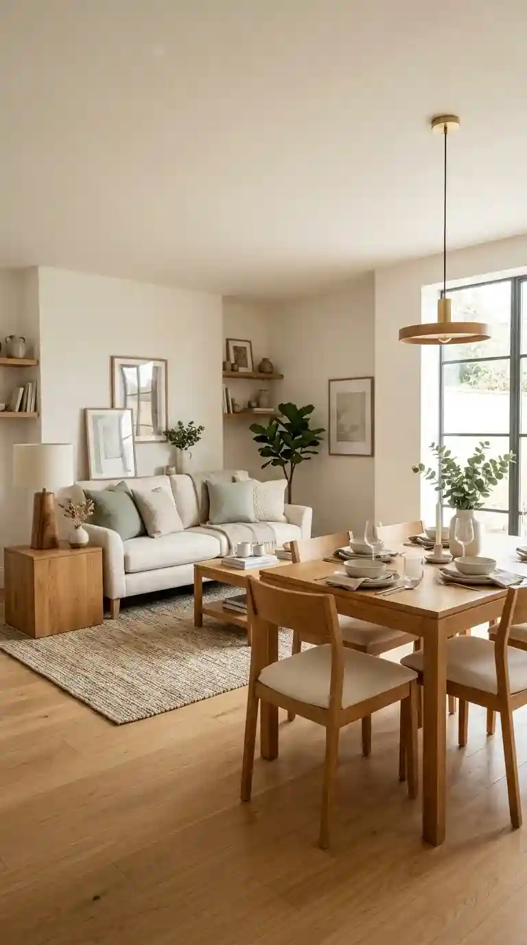 Cohesive open-plan room with matching warm oak wood tones in both living area side table and dining table legs unifying two zones