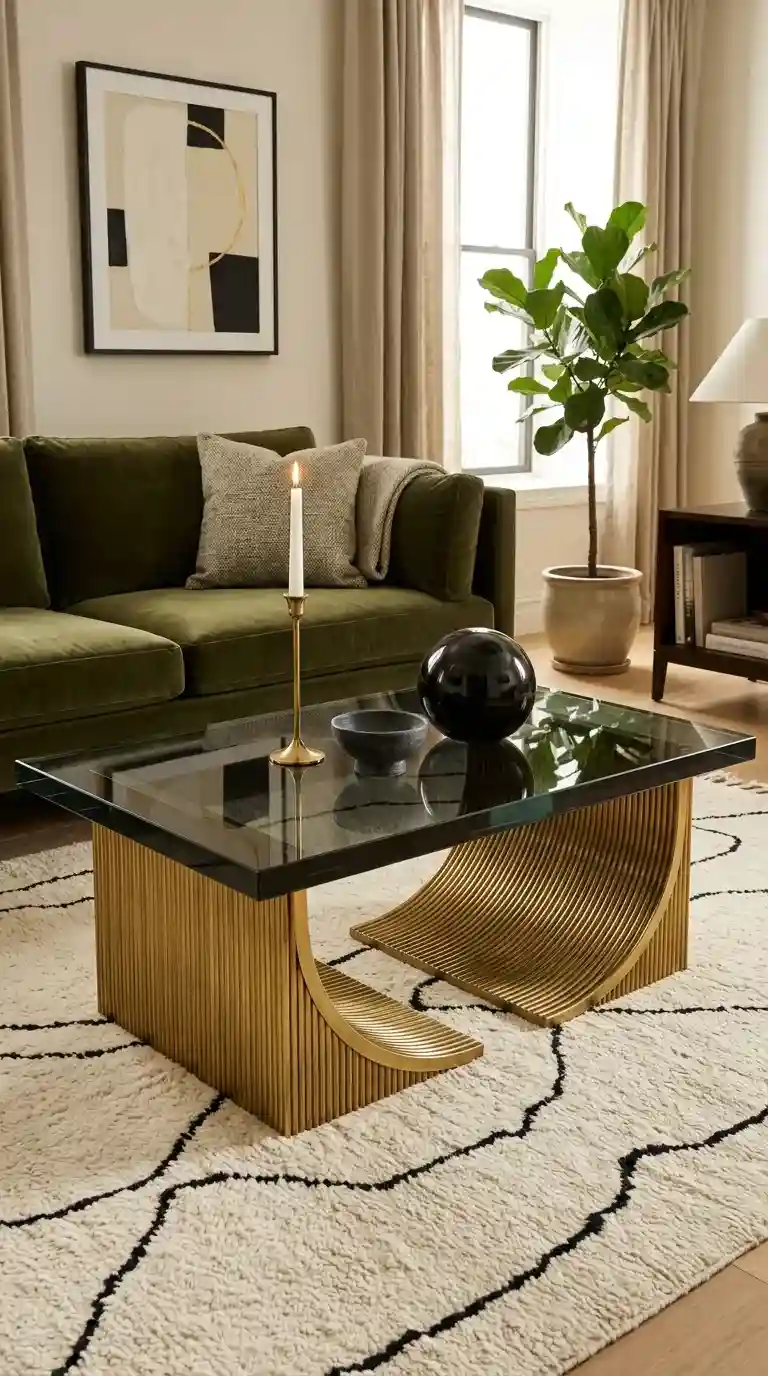 Smoked glass coffee table with fluted brass base styled with a brass candlestick and obsidian sphere beside an olive velvet sofa