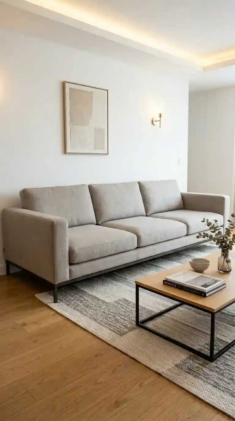 Low-profile warm grey sofa in a minimalist living room with light oak flooring and slim rectangular coffee table