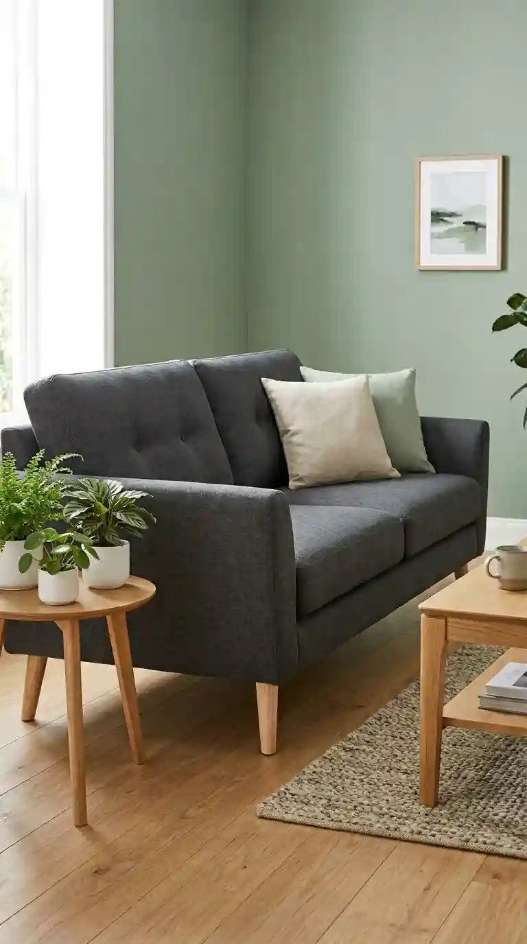 Dark grey linen blend sofa with slim tapered arms ash wood legs sage green and natural linen cushions against muted sage green wall