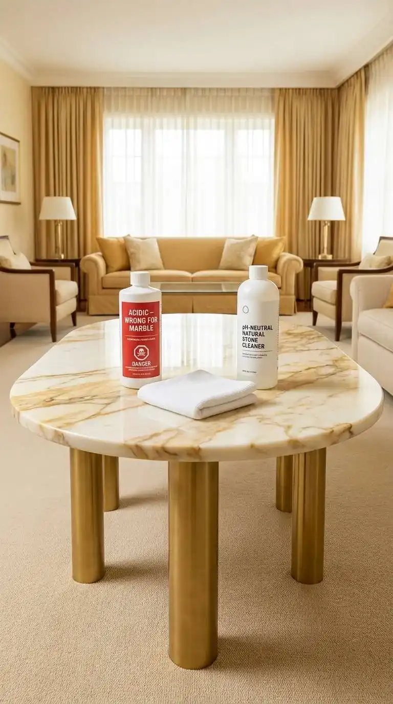 pH-neutral stone cleaner bottle beside a cloth on a white marble surface showing the right product choice for marble care