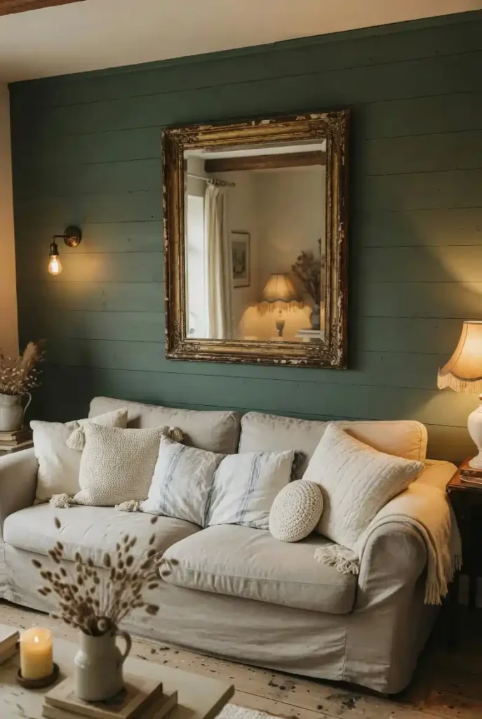 Rustic farmhouse living room with dusty sage green shiplap accent wall, large vintage mirror, and neutral linen sofa
