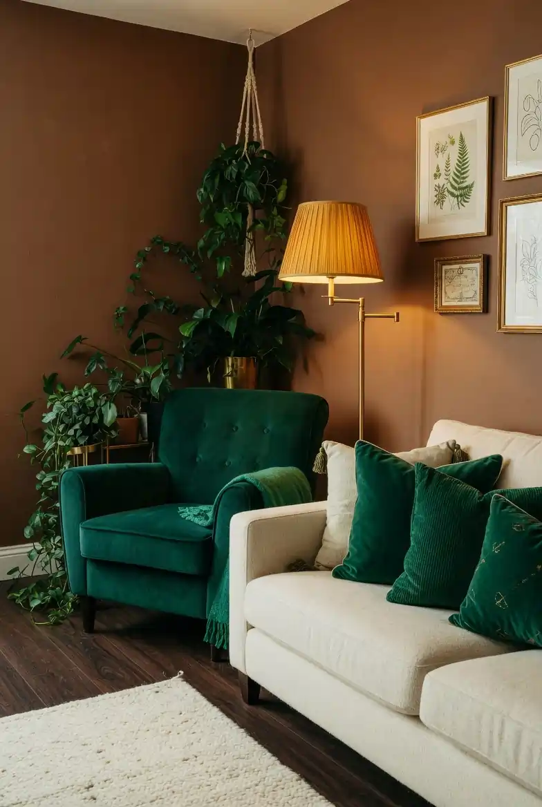 Warm brown living room walls with emerald green velvet armchair, brass floor lamp, and gold-framed art prints