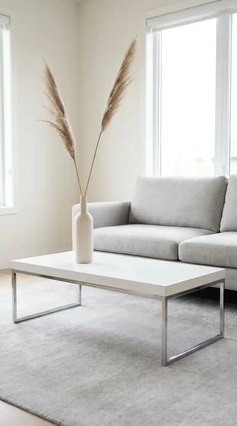 Tall matte white ceramic vase with dried pampas stems on minimalist light wood coffee table