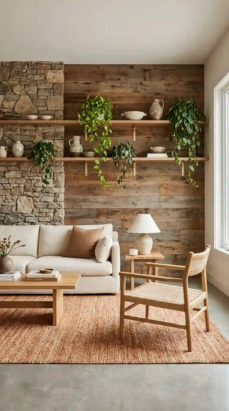 Mixed material living room wall combining natural stone and reclaimed wood paneling with brass shelves