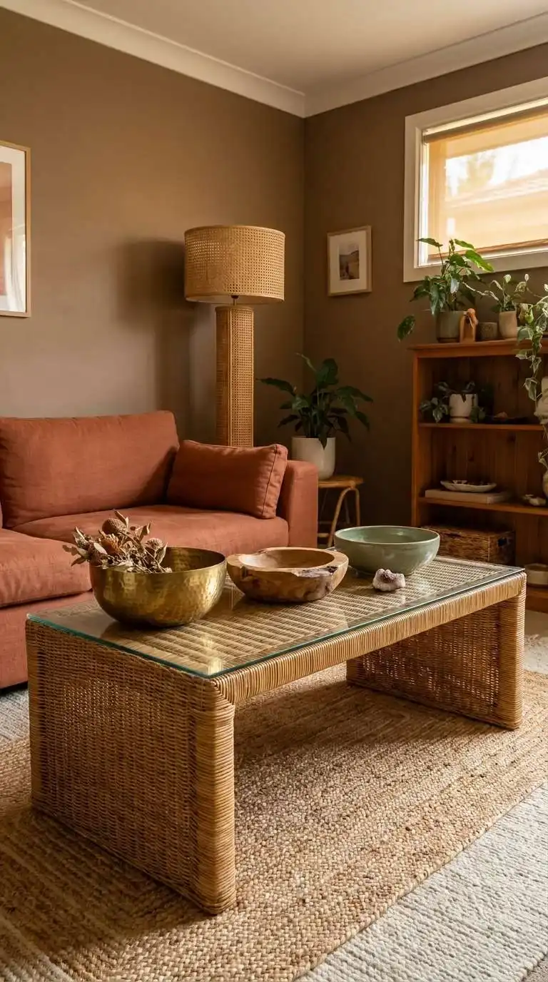 hammered brass bowl, wooden bowl, and sage ceramic bowl on glass coffee table with rattan wrapped base in earthy living room