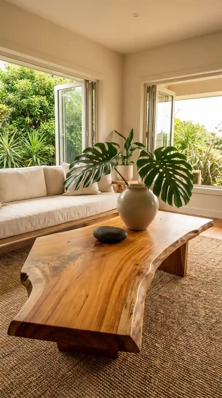 Live-edge solid wood Brazilian organic coffee table with tropical leaves in a ceramic vase and cream linen sofa in background